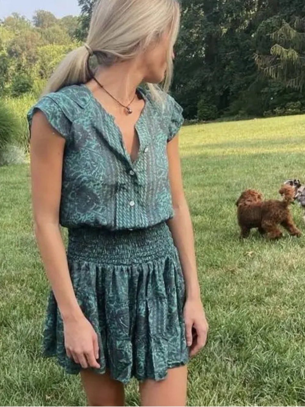 Perry Walker Collective Lola Green Floral Smocked Waist Tiered Mini Dress, S/M